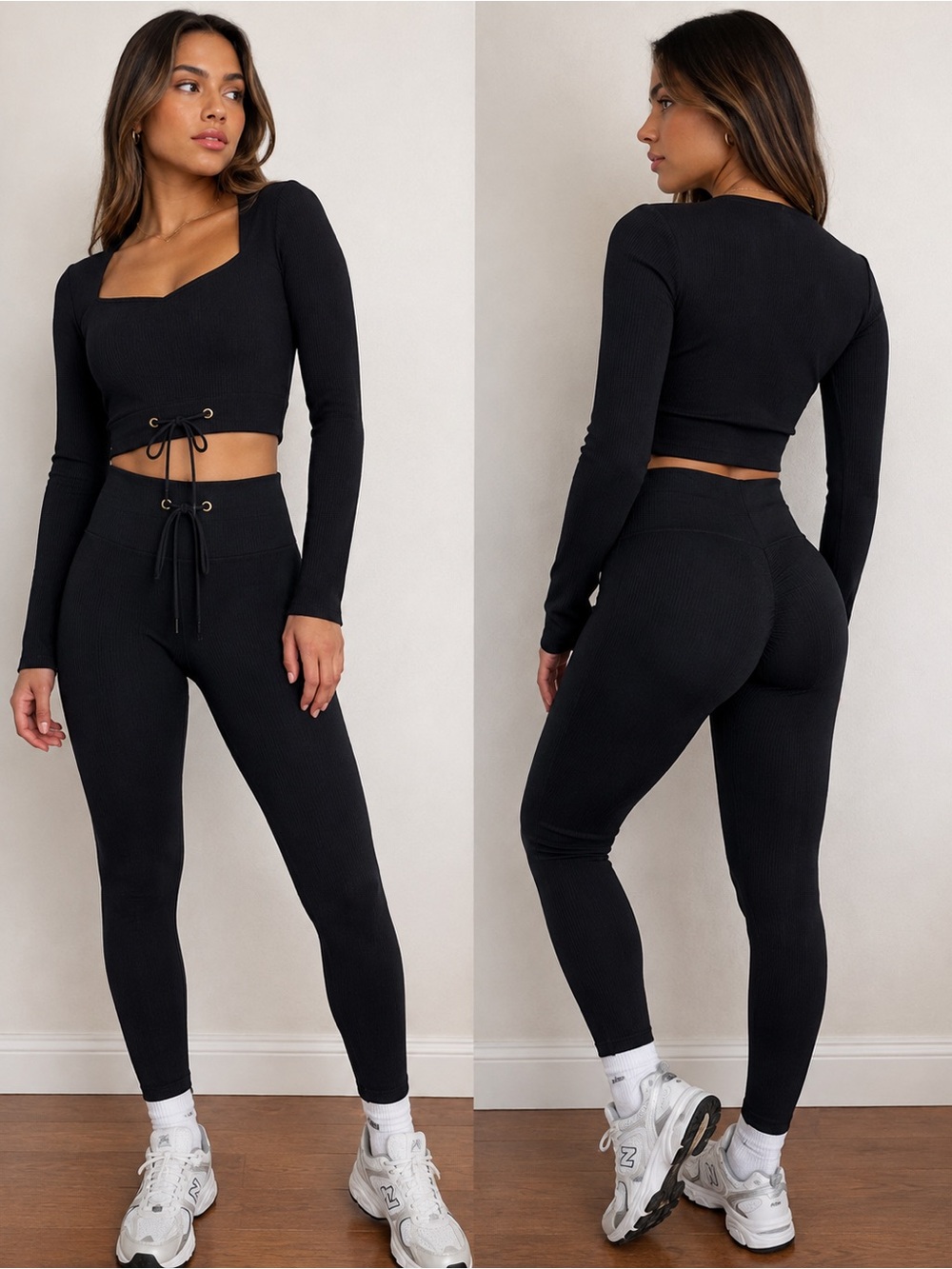 NWOT Black Ribbed Activewear Set long sleeve lace up crop top & scrunch leggings